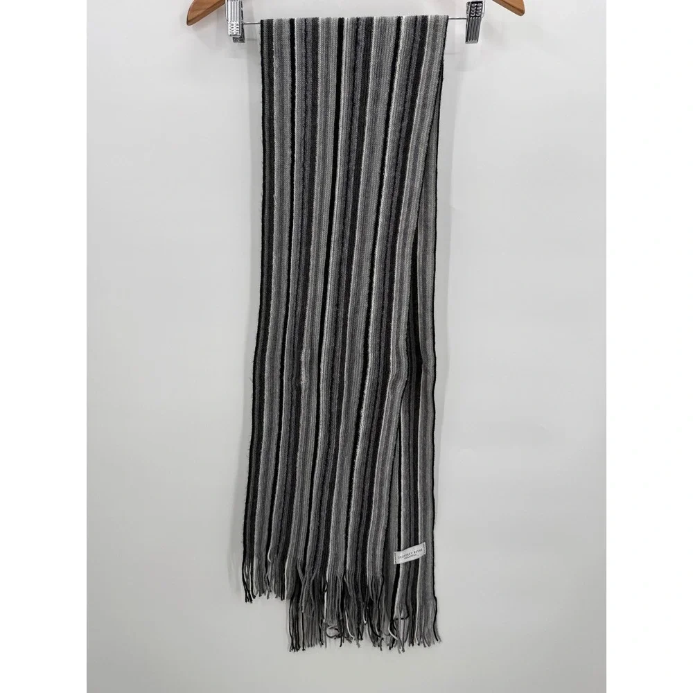 Geoffrey Beene Men's Striped‎ Acrylic Scarf Black Gray White Fringe